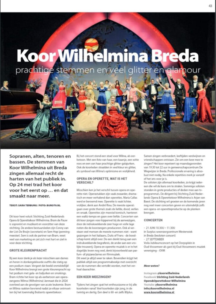 Magazinepagina met kleurrijke koorfoto en artikel over Koor Wilhelmina Breda: glitter, glamour en krachtige stemmen.